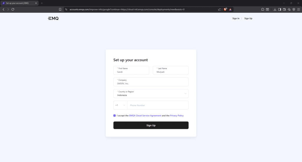 Tutorial EMQX Cloud sebagai MQTT Broker 6. create account