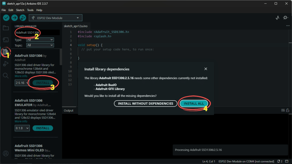 Belajar ESP32: Display OLED (SSD1306) install library ssd1306